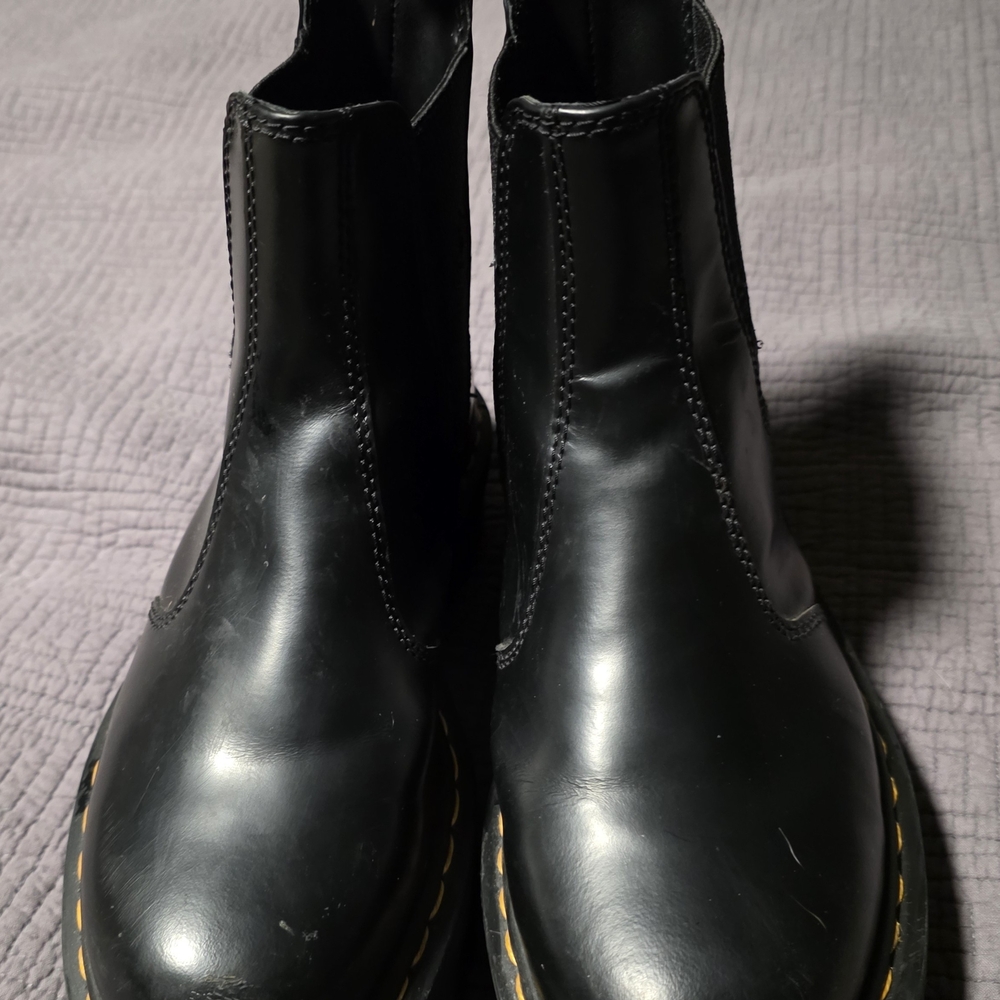 Dr. Martens Black Leather Boots with Yellow Stitching